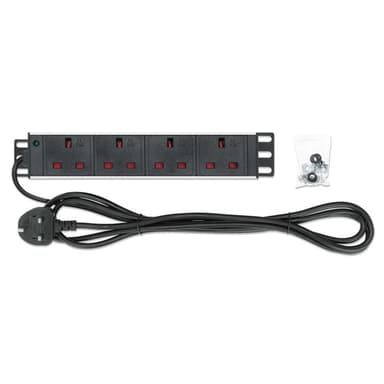 Intellinet 10" 1U PDU 4-way UK, With Indicator, Rackmount, Power Distribution Unit, UK 3-pin outlets, 3m power cord, output view 5