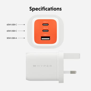Targus HyperJuice Flex 65W GaN Laptop, Smartphone, Headset, Portable gaming console White, Orange AC Indoor view 3