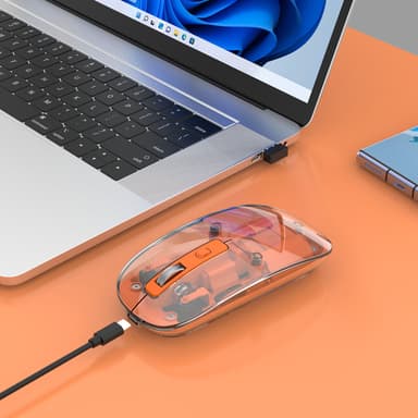 Manhattan Transparent Rechargeable Wireless Mouse, Clear/Orange, Adjustable 800/1200/1600dpi, With RGB LED light, 2.4Ghz (effective range up to 10m), USB, Optical, Ambidextrous, Four Button with Scroll Wheel, Slim Design, USB-A micro receiver, Lithium Ion battery view 3