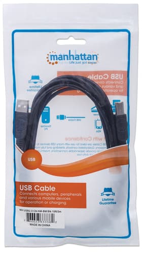 Manhattan USB-A to USB-B Cable, 3m, Male to Male, 480 Mbps (USB 2.0), Hi-Speed USB, Black, Lifetime Warranty, Equivalent to USB2HAB3M. view 3