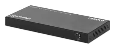 Manhattan HDMI Splitter with downscaling 4-Port , 4K@60Hz, Displays output from x1 HDMI source to x4 HD displays (same output to four displays), Downscale button to adjust a 4K input signal into 1080p, Micro-USB to USB-A power cable included (cable 0.8m), Black view 1