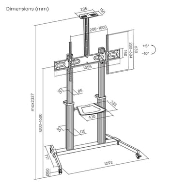 Manhattan Trolley Mount Stand for TV & Monitors, For screens: 37" to 100",VESA compatibility:all between 200x200 to 1000x600mm -check the dimensions of the four mounting holes on back of screen to ensure it fits,Max 80kg,Height adjustable 1200 to 1600mm,LFD,Bracket view 12