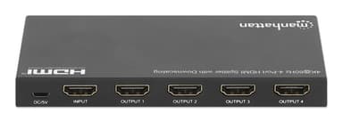 Manhattan HDMI Splitter with downscaling 4-Port , 4K@60Hz, Displays output from x1 HDMI source to x4 HD displays (same output to four displays), Downscale button to adjust a 4K input signal into 1080p, Micro-USB to USB-A power cable included (cable 0.8m), Black view 6