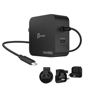 j5create 102W GaN PD USB-C 2-Port Charger with Changeable AC Plugs view 1