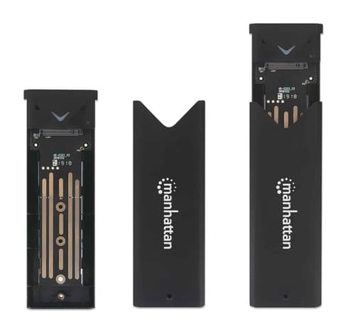 Manhattan M.2 NVMe SSD Enclosure, USB-C Female Connection, 10 Gbps (USB 3.2 Gen2 aka USB 3.1), UASP-compliant, SuperSpeed+ USB, Aluminum, Black, Three Year Warranty