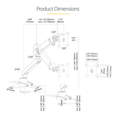 StarTech.com Desk Mount Monitor Arm with 2x USB 3.0 ports, Slim Full Motion Single Monitor Mount, up to 34" (17.6lb/8kg) VESA Display, Clamp/Grommet Mount, Mechanical Spring view 15