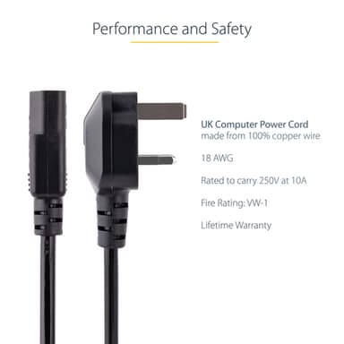 StarTech.com 10ft (3m) UK Computer Power Cable, 18AWG, BS 1363 to C13, 10A 250V, Black Replacement AC Power Cord, Kettle Lead / UK Power Cord, PC Power Supply Cable, TV/Monitor Power Cable view 7