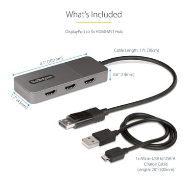 StarTech.com 3-Port MST Hub - DisplayPort to 3x HDMI, Triple 4K 60Hz Monitors, DP 1.4 Multi-Monitor Video Adapter, 1ft (30cm) Built-in Cable, USB Powered, Windows Only view 11