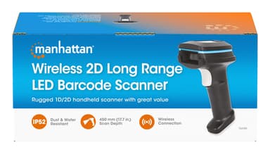 Manhattan Wireless 2D Handheld Barcode Scanner, 250mm Scan Depth, up to 80m effective range (line of sight), Max Ambient Light 100,000 lux (sunlight), Black, Charging cable (USB-A to USB-C into device) 1m included, Three Year Warranty view 12