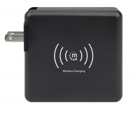 Manhattan 4-in-1 Travel Wall Charger and Powerbank 8,000 mAh, USA/UK/Euro 2-pin Plugs, Output: 1x USB-C, 2x USB-A ports and Wireless Charging Pad (5W), Black, One Year Warranty