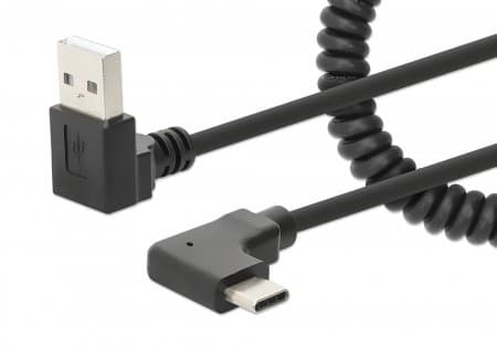 Manhattan USB-C to USB-A Cable, 1m, Male to Male, Black, 480 Mbps (USB 2.0), Tangle Resistant Curly Design, Angled Connectors, Ideal for Charging Cabinets/Carts, Charge only - not for data sync, Hi-Speed USB, Lifetime Warranty