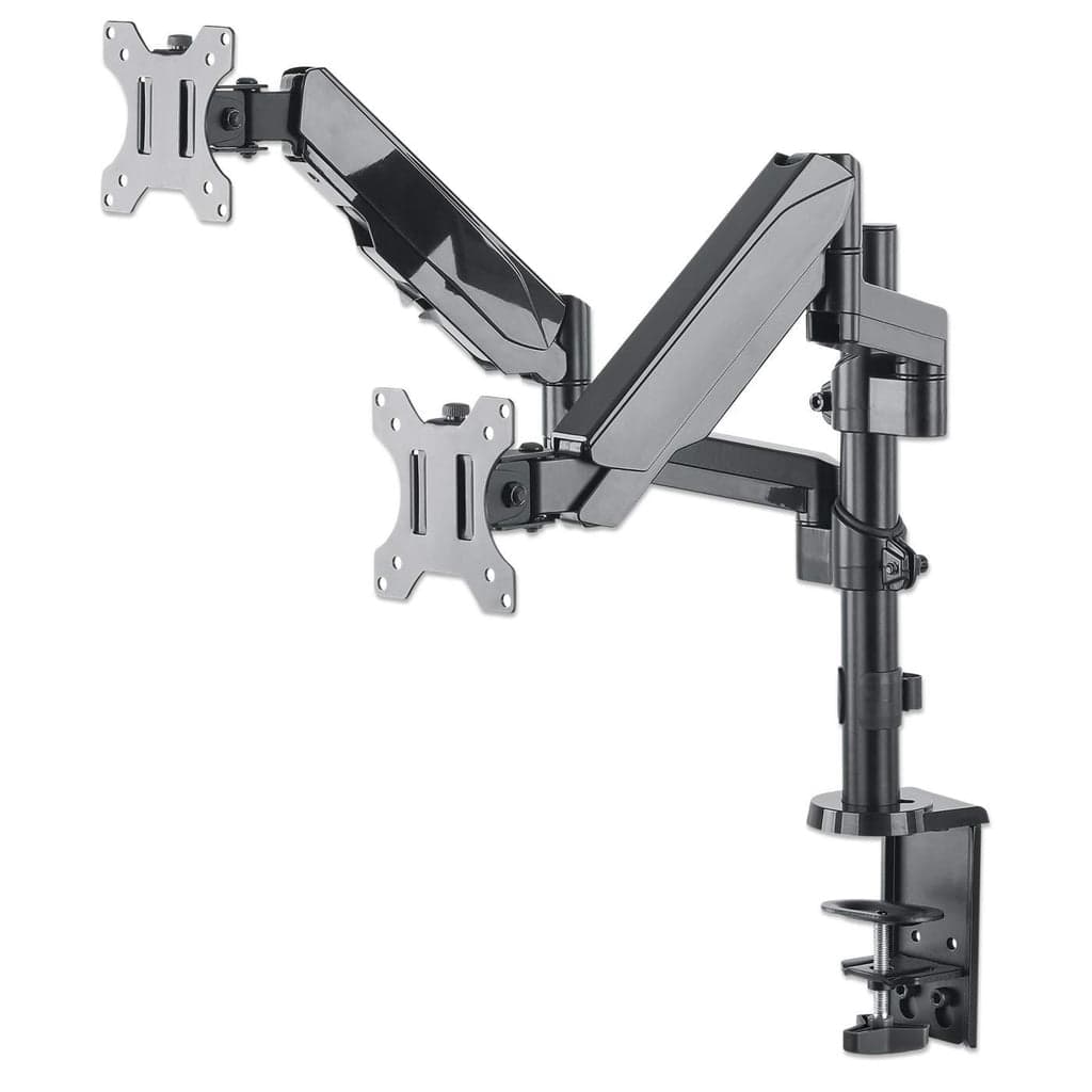 Manhattan Dual Desk Mount for TV & Monitors (Full Motion Gas Spring), For screens 10" to 27", Clamp or Grommet Assembly, VESA compatibility: 75x75 and 100x100mm - check the dimensions of the four mounting holes on back of screen to ensure it fits, Max 8kg (each)