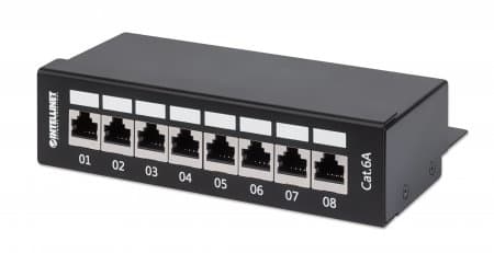 Intellinet Patch Panel, Cat6a, FTP, 8-Port, Desktop, Shielded, 90° Top-Entry Punch Down Blocks, Black