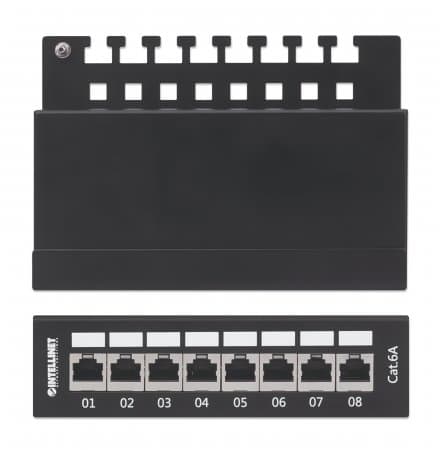 Intellinet Patch Panel, Cat6a, FTP, 8-Port, Desktop, Shielded, 90° Top-Entry Punch Down Blocks, Black