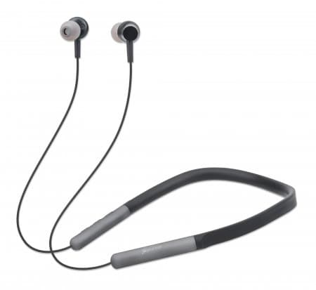 Manhattan Bluetooth In-Ear Headset with Neckband, Microphone, Integrated Controls, Sweatproof, Noise Isolating, 5 hour usage time, Max Range 10m, MicroSD Card slot, Bluetooth v5.0, USB-A charging cable included, Three Year Warranty
