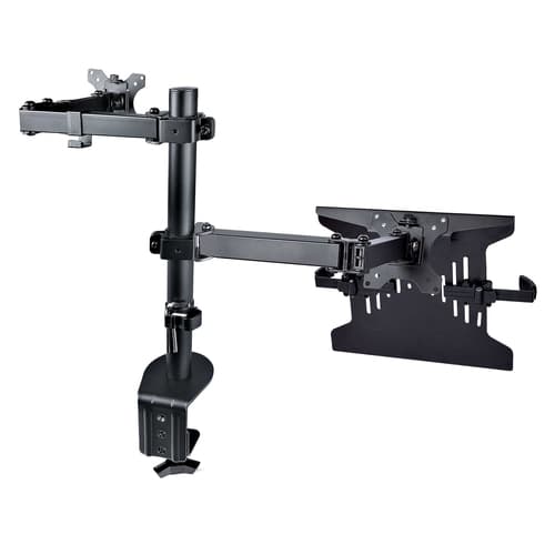 StarTech.com Monitor Arm with VESA Laptop Tray, For a Laptop (4.5kg/9.9lb) and a Single Display up to 32" (17.6lb/8kg), Black, Vented Tray, Adjustable Laptop Arm Mount, C-clamp/Grommet Mount