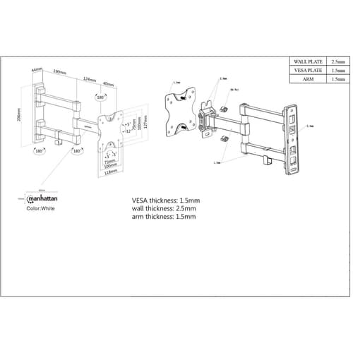 Manhattan Wall Mount for TV & Monitors (Full Motion), For screens 13" to 27", VESA compatibility: 75x75mm and 100x100mm - check the dimensions of the four mounting holes on back of screen to ensure it fits, Max 20kg, Black, Bracket