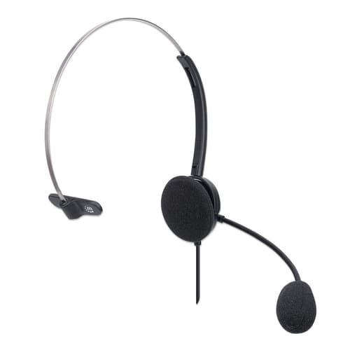 Manhattan Mono Over-Ear Headset (USB), Microphone Boom (padded), Polybag Packaging, Adjustable Headband, In-Line Volume Control, Ear Cushion, USB-A for both sound and mic use, cable 1.5m, Three Year Warranty