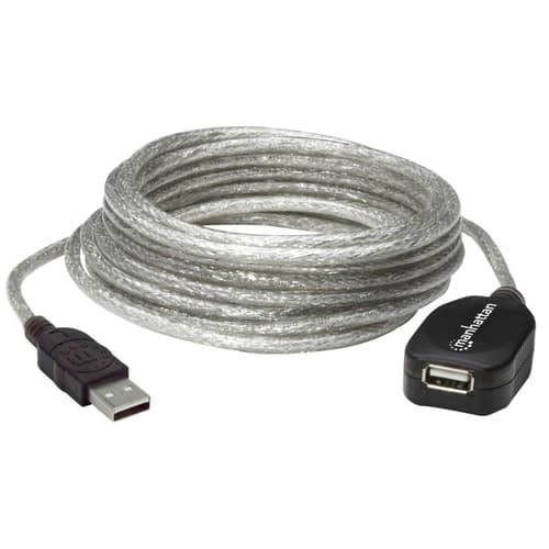 Manhattan USB-A to USB-A Extension Cable, 5m, Male to Female, Active, Translucent Silver, 480 Mbps (USB 2.0), Daisy-Chainable, Built In Repeater, Hi-Speed USB, Three Year Warranty, Equivalent to USB2AAEXT5M (except colour).