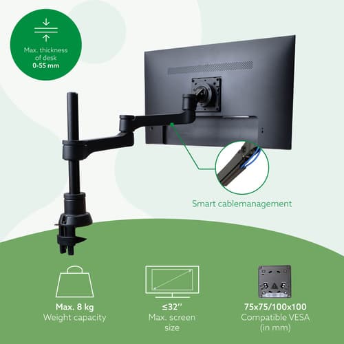 R-Go Tools Monitor arm R-Go Zepher Single, fully adjustable, 0-8 Kg load capacity, 100% circular, black