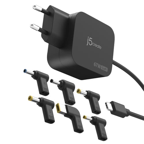 j5create JUP1565DC 67W GaN PD USB-C® Mini Charger with 6 Types of DC Connector-EU, Black