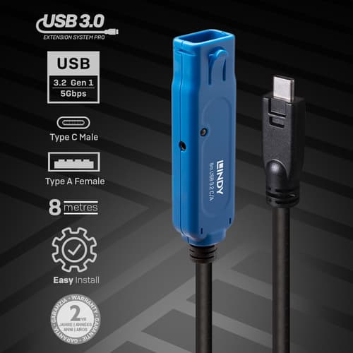 Lindy 43381 USB cable USB 3.2 Gen 1 (3.1 Gen 1) 8 m USB C USB A 5 Gbit/s Black, Blue