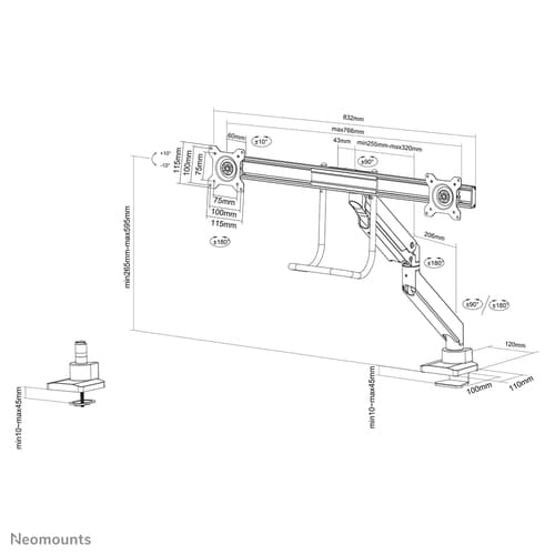Neomounts NM-D775DXWHITE Monitor arm 10-32" - gas spring - Topfix - 180°-stop