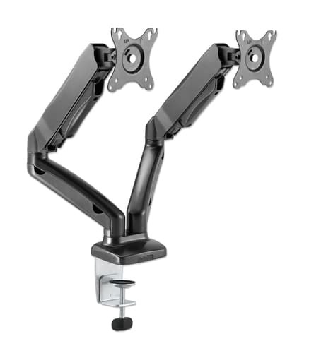 Manhattan Dual Desk Mount for TV & Monitors (Full Motion Spring), For screens 10" to 27", C-Clamp or Grommet Assembly,VESA compatibility: 75x75 and 100x100mm -check the dimensions of the four mounting holes on back of screen to ensure it fits,Max 9kg (each),Bracket