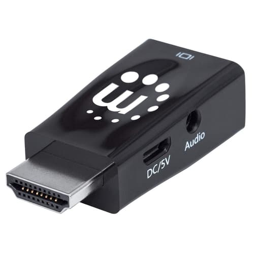 Manhattan HDMI to VGA (with Audio) Converter, 1080p, Male to Female, Micro-USB Power Input Port for additional power if needed, Black, Three Year Warranty