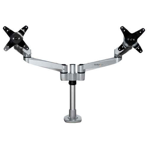 StarTech.com Desk Mount Dual Monitor Arm - Premium Articulating Monitor Arm - up to 27" (17.6lb/8kg) VESA Mount Displays - Height Adjustable Monitor Mount - Rotate/Tilt/Swivel - Clamp/Grommet - Silver - TAA