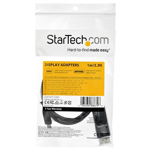 StarTech.com 3.3ft (1m) USB C to DisplayPort 1.2 Cable 4K 60Hz - Bidirectional DP to USB-C or USB-C to DP Reversible Video Adapter Cable - HBR2/HDR - USB Type C/Thunderbolt Monitor Cable