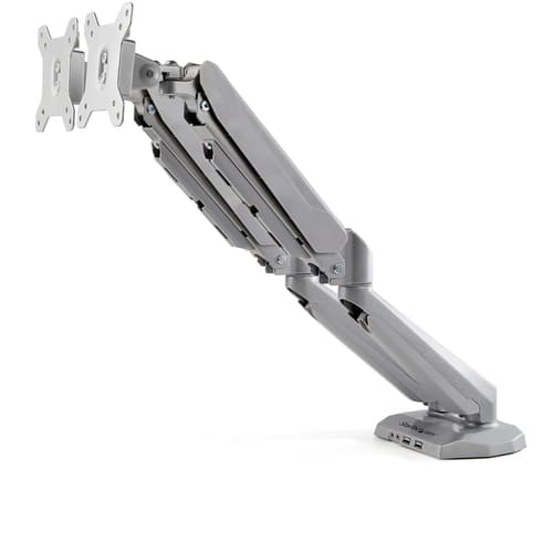 StarTech.com Desk Mount Dual Monitor Arm with USB & Audio, Desk Clamp VESA Mount for up to 32" (17.6lb/8kg) Displays, Ergonomic Full Motion Dual Monitor Arm - Silver