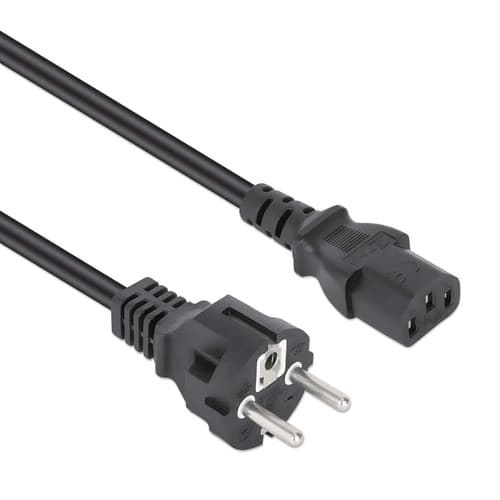 Manhattan Mains Power Cord/Cable, Euro 2-pin plug (CEE 7/4 Schuko) to C13 Female (kettle lead), 1m, 10A, Black, Lifetime Warranty