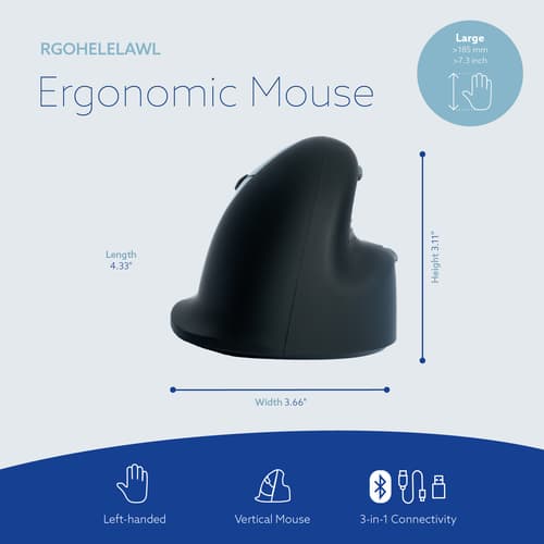 R-Go Tools Ergonomic mouse R-Go HE Break with break software, large (hand size ≥ 185 mm), left-handed, Bluetooth, black