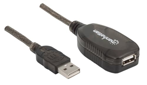 Manhattan USB-A to USB-A Extension Cable, 20m, Male to Female, Active, 480 Mbps (USB 2.0), Daisy-Chainable, Built In Repeater, Hi-Speed USB, Black, Three Year Warranty, Equivalent to USB2AAEXT20M