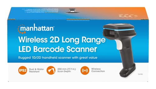 Manhattan Wireless 2D Handheld Barcode Scanner, 250mm Scan Depth, up to 80m effective range (line of sight), Max Ambient Light 100,000 lux (sunlight), Black, Charging cable (USB-A to USB-C into device) 1m included, Three Year Warranty